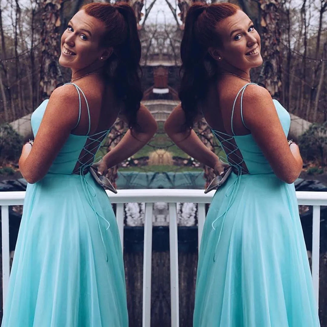 Blue Chiffon Backless Lace-Up A-Line Prom Dress, PD2306010