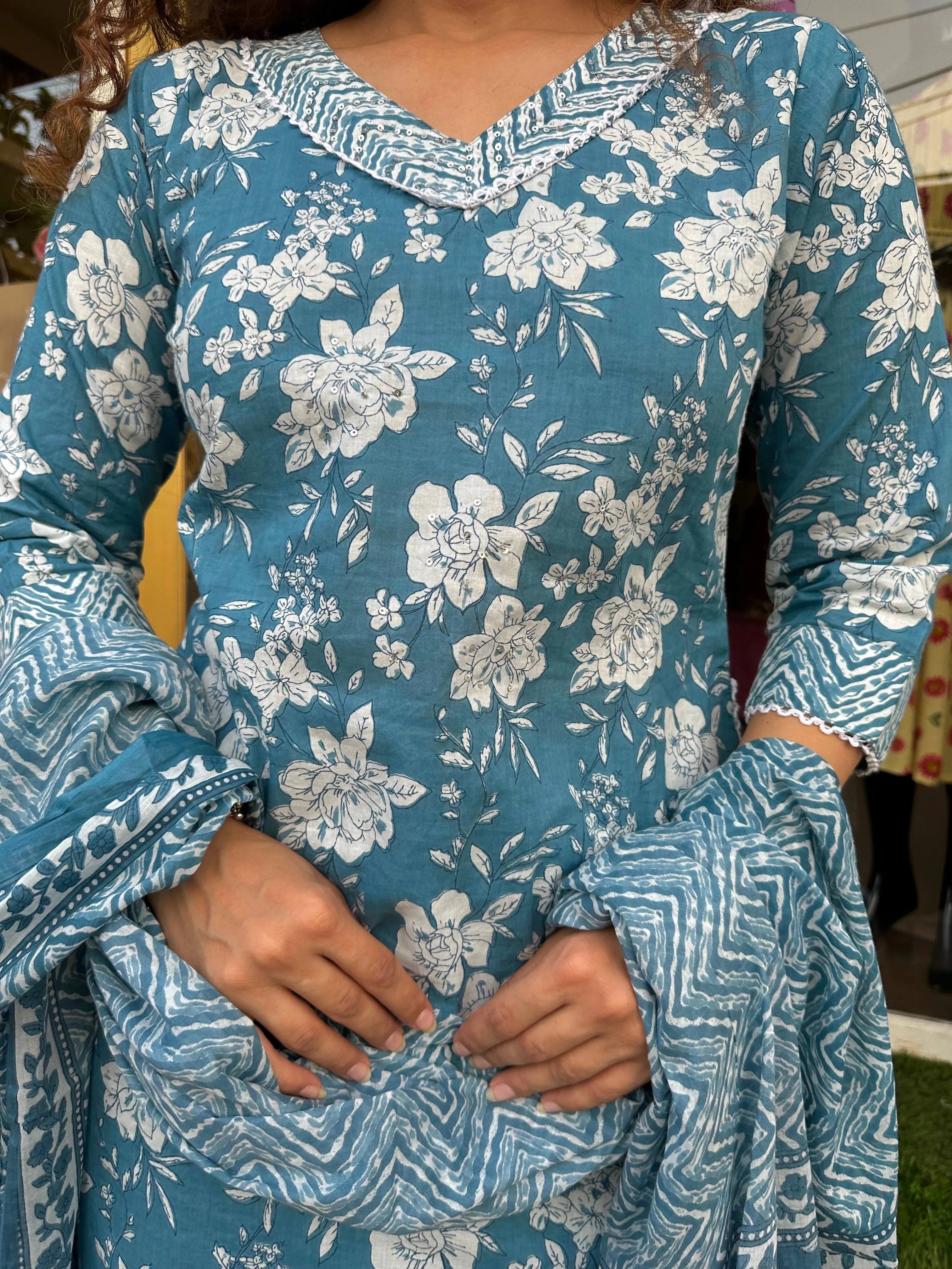 Blue Kurti with Afghani Pants and Dupatta Set