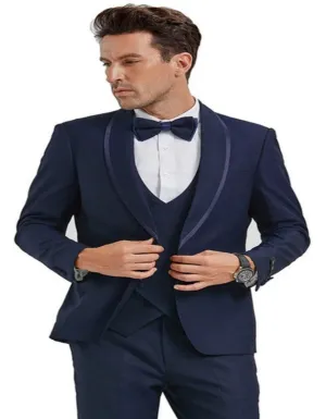 Blue Prom Suit - Blue Homecoming Outfits For Guys in Navy Blue with Blue Satin Trim Tuxedo