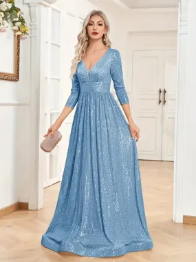 Blue V Neck Sequined Long Sleeve Prom Maxi Dress