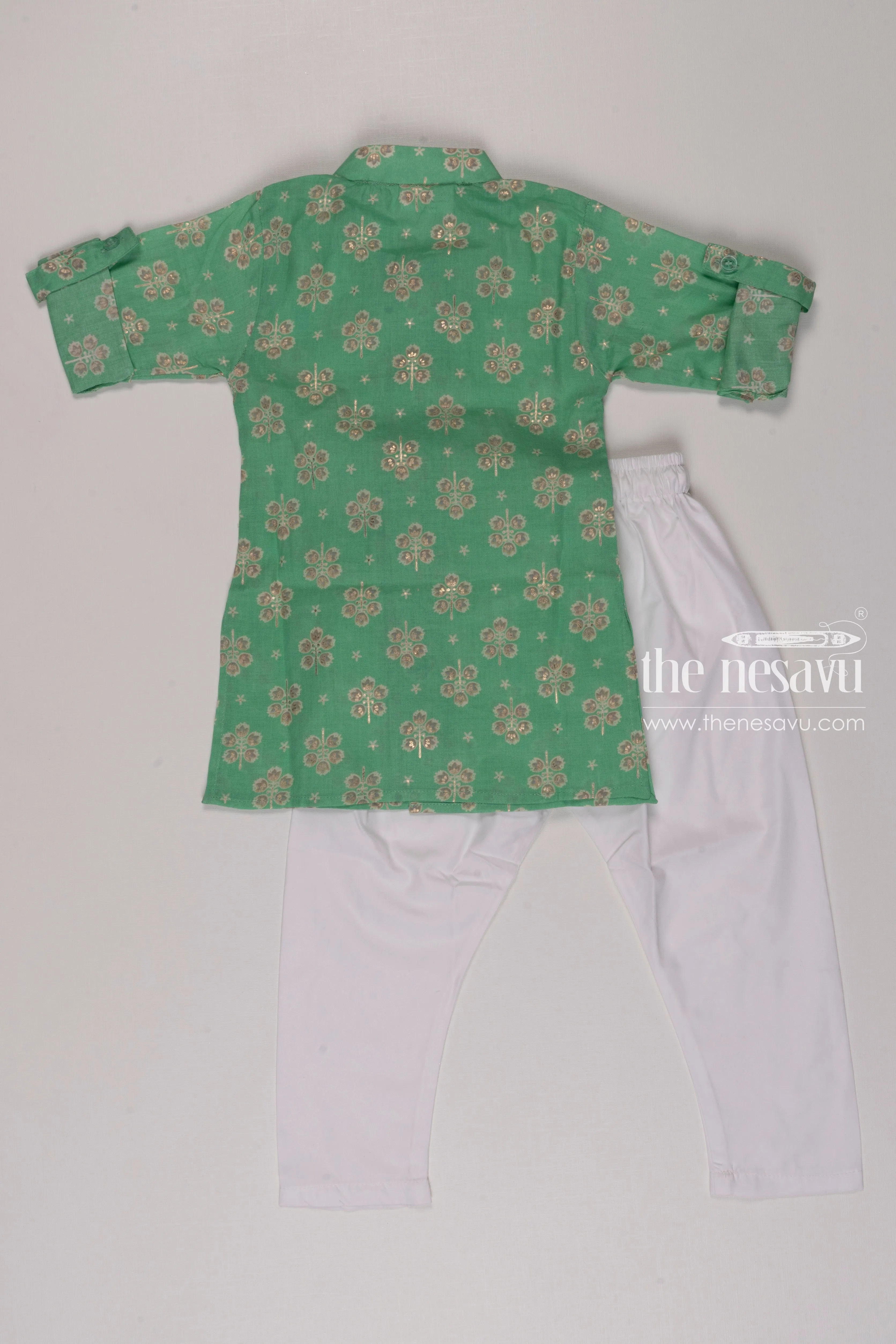 Boys Spring Green Floral Kurta with White Pants Set