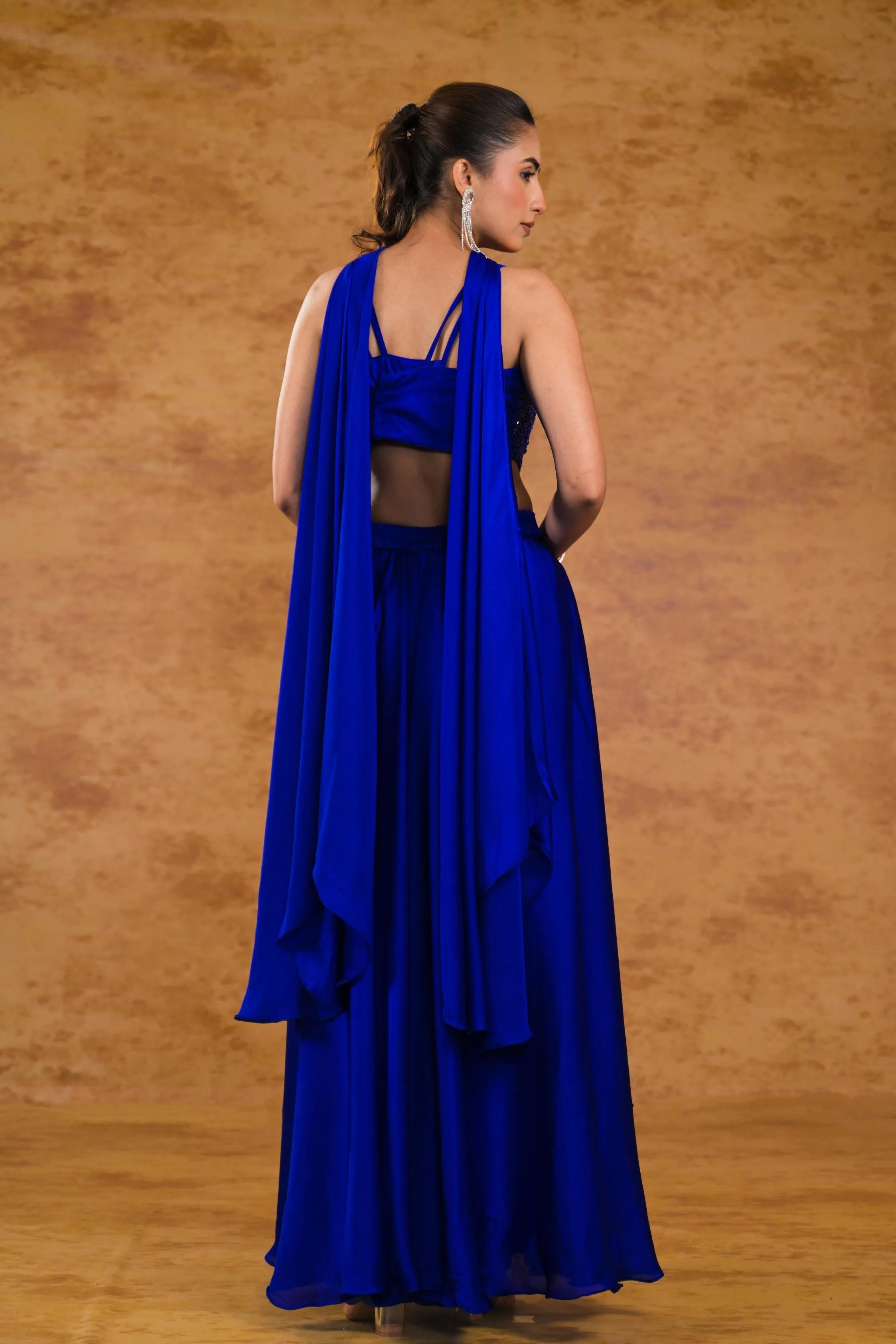 Bright Blue Embellished Satin Silk Palazzo Set