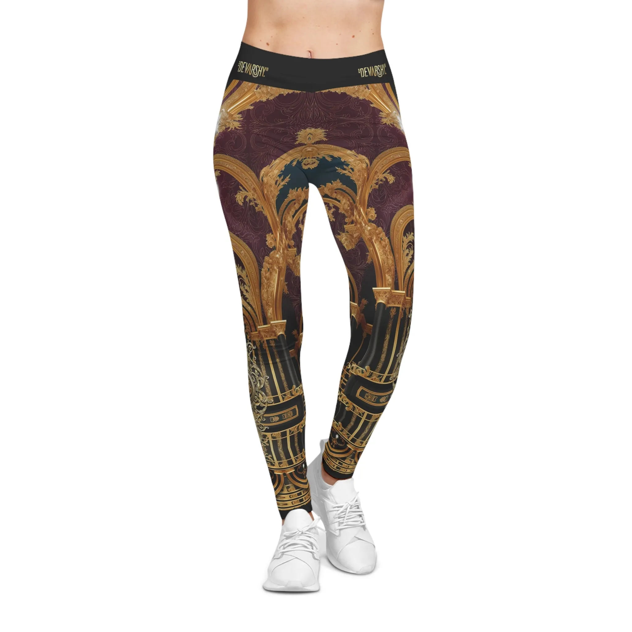 Burgundy Arch Leggings Women Decorative Baroque Leggings Casual Wear Spandex Leggings Women Lounge Wear | D20225C