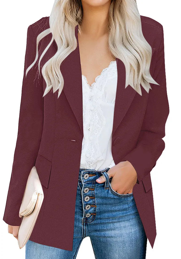 Burgundy Lapel Front-Button Side-Pockets Blazer