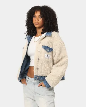 Calvin Klein Women's Reversible Sherpa Crop Denim Jacket Light Blue