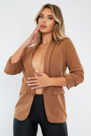 Camel Ruched Sleeves Blazer - Hurain