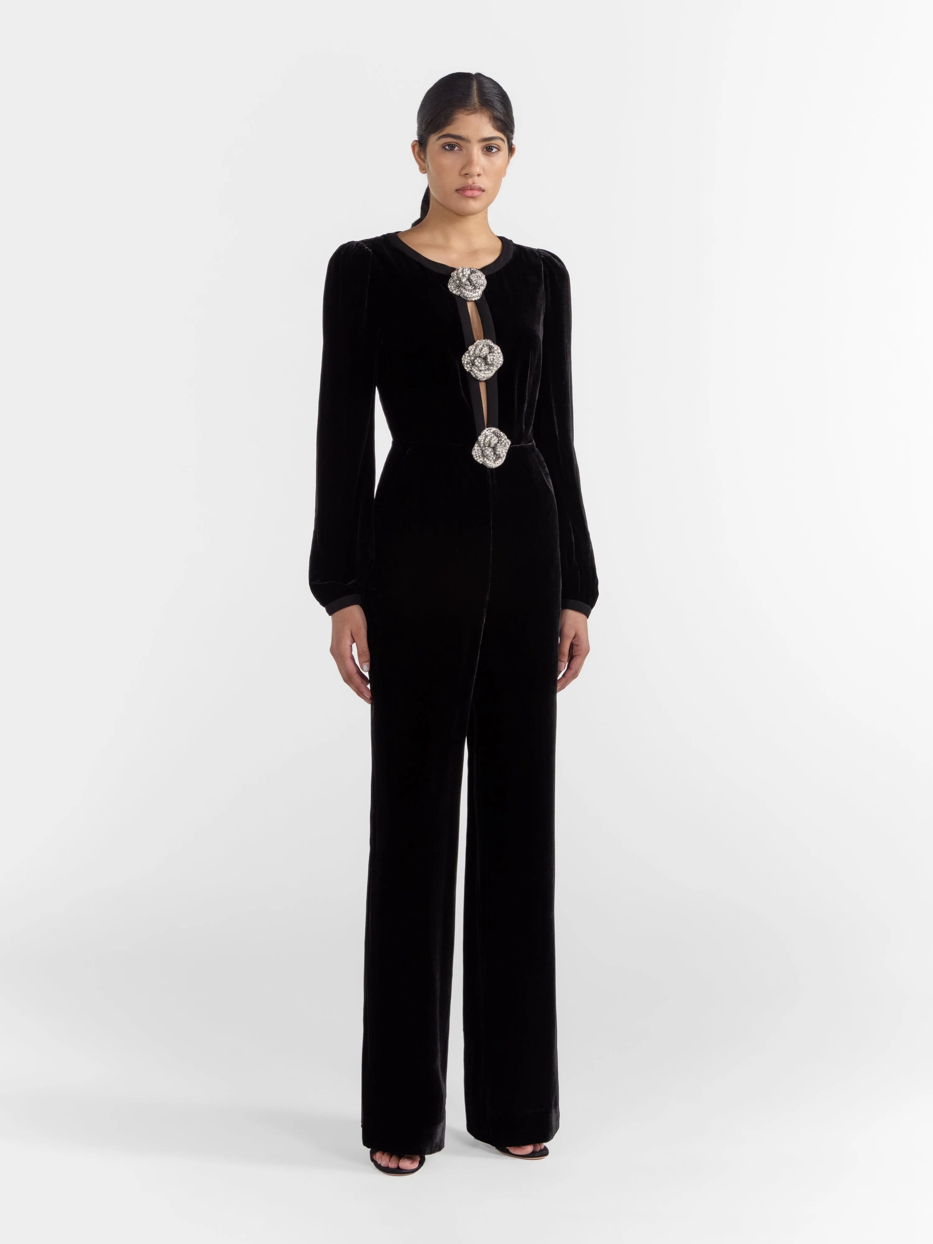 Camille Bows Jumpsuit in Black Crystal Rose