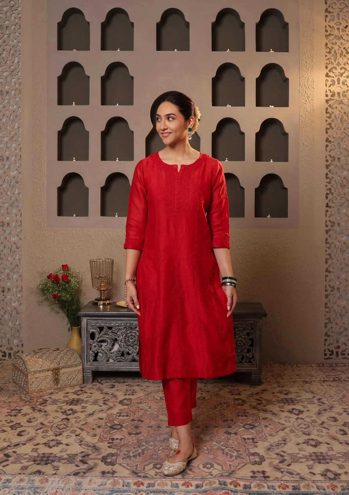 Chanderi Chikankari Solid Women's 4 PC Long Kurta Set with dupatta - Red