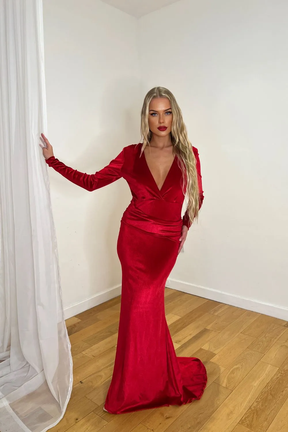 Chanel Red Velvet V-Neck Stretch Long Sleeve Mermaid Maxi Dress