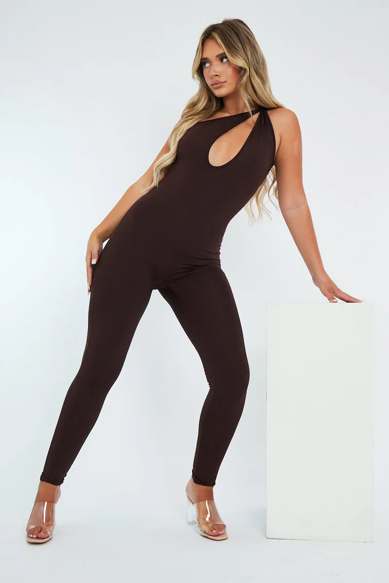 Chocolate Knot Strap Slinky Jumpsuit - Imani