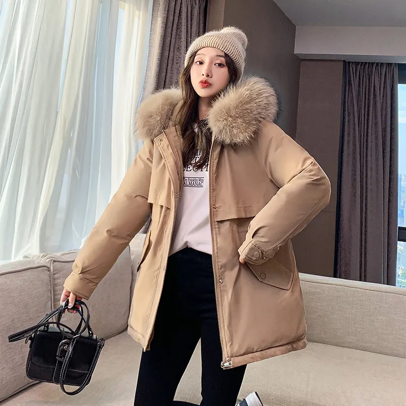 Cinched Waist Casual Fur Collar Parka