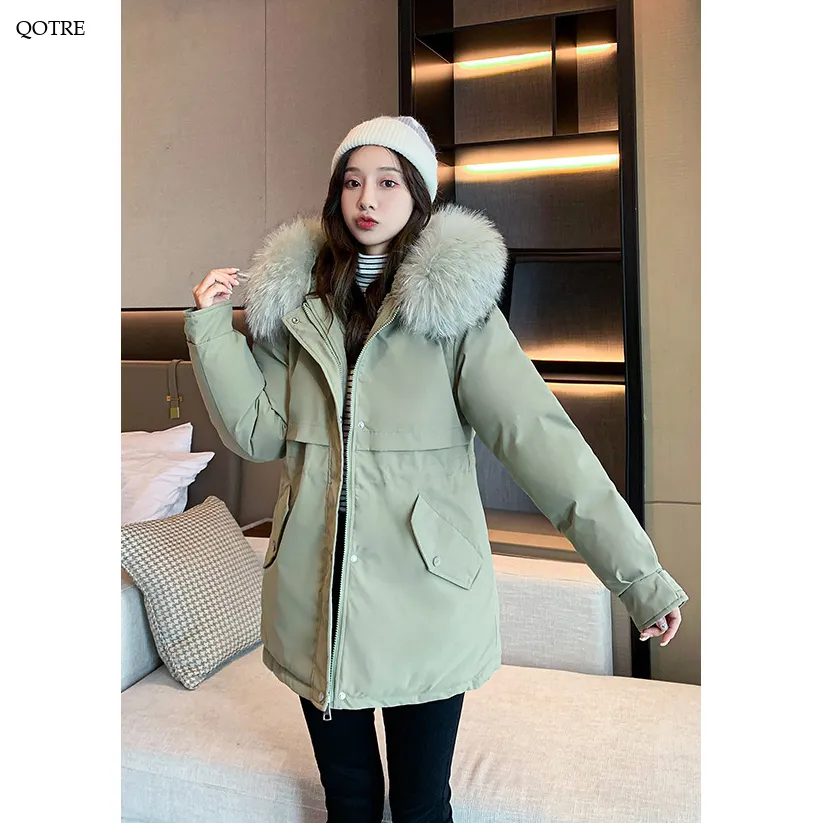 Cinched Waist Casual Fur Collar Parka