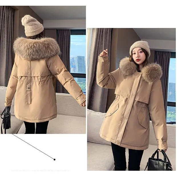 Cinched Waist Casual Fur Collar Parka