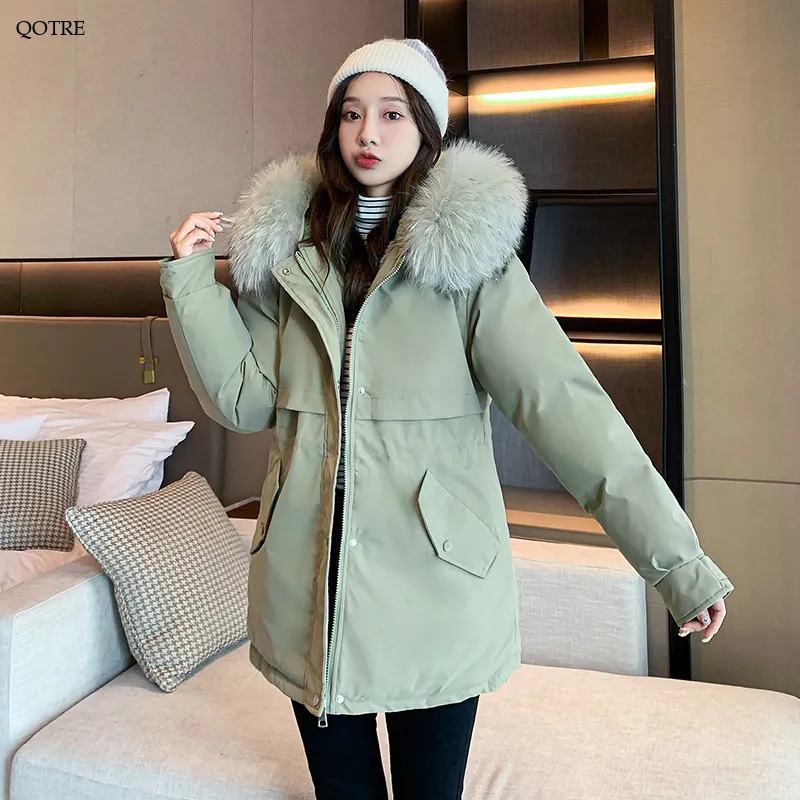 Cinched Waist Casual Fur Collar Parka