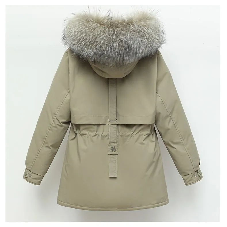 Cinched Waist Casual Fur Collar Parka