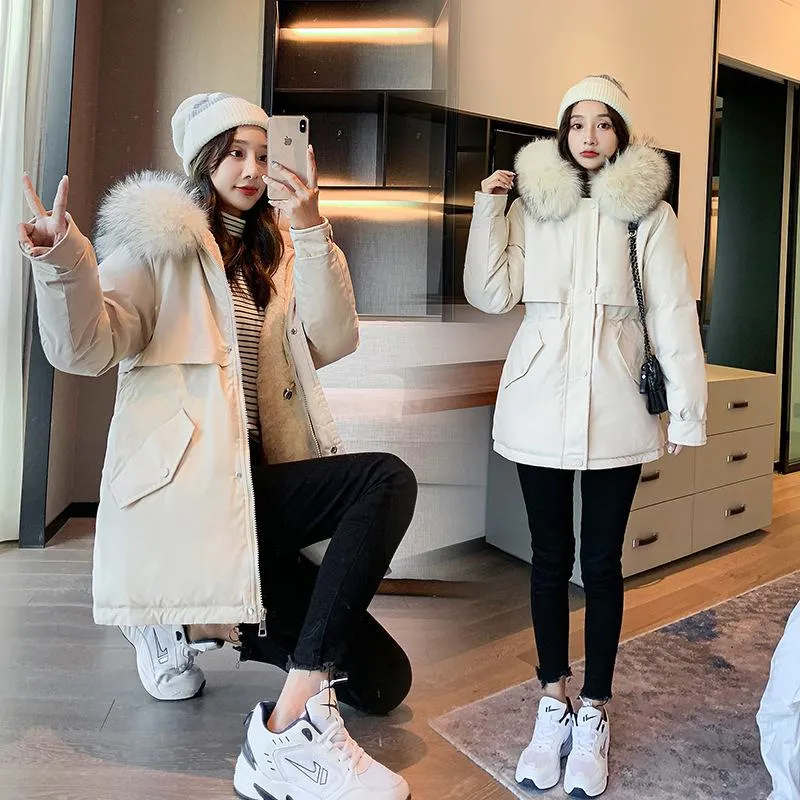 Cinched Waist Casual Fur Collar Parka