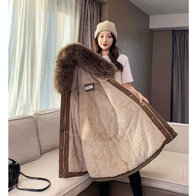 Cinched Waist Casual Fur Collar Parka