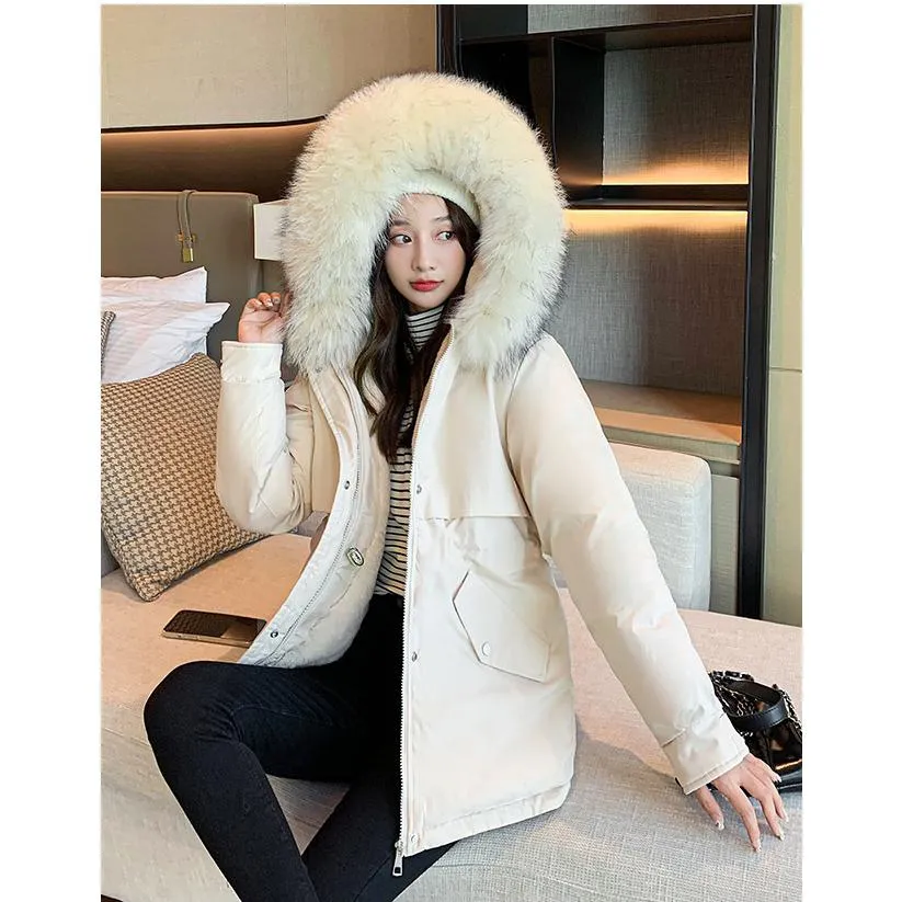 Cinched Waist Casual Fur Collar Parka