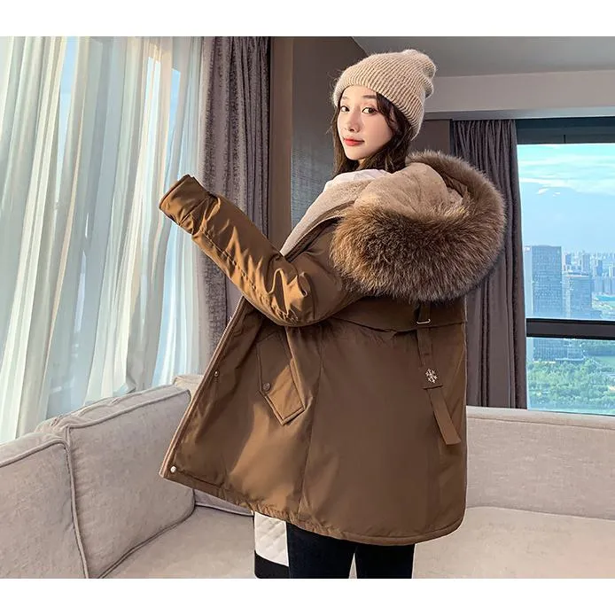 Cinched Waist Casual Fur Collar Parka