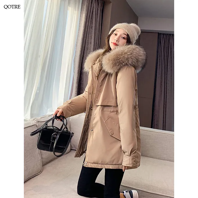 Cinched Waist Casual Fur Collar Parka