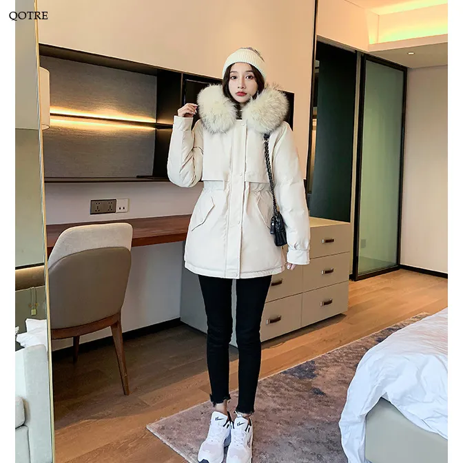 Cinched Waist Casual Fur Collar Parka