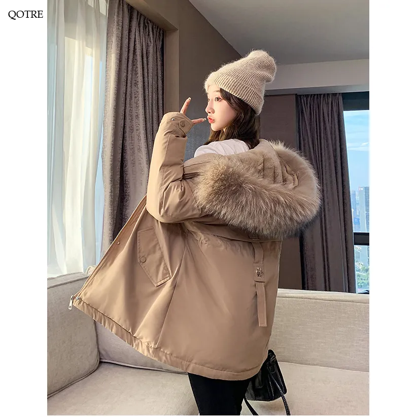 Cinched Waist Casual Fur Collar Parka