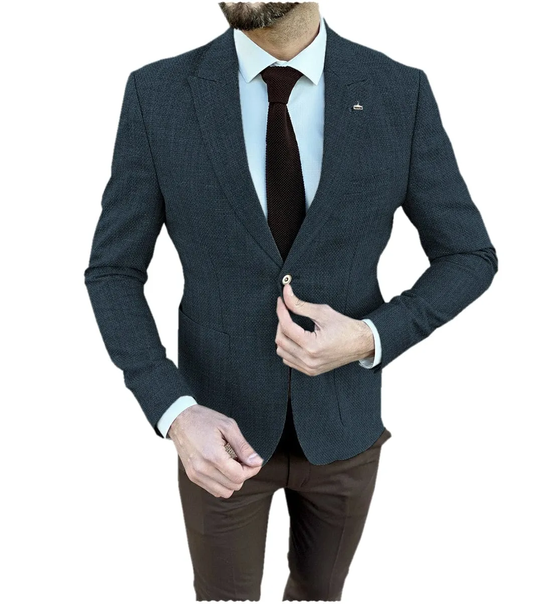 Classic Business Men's Tweed Peak Lapel  Suit Blazer