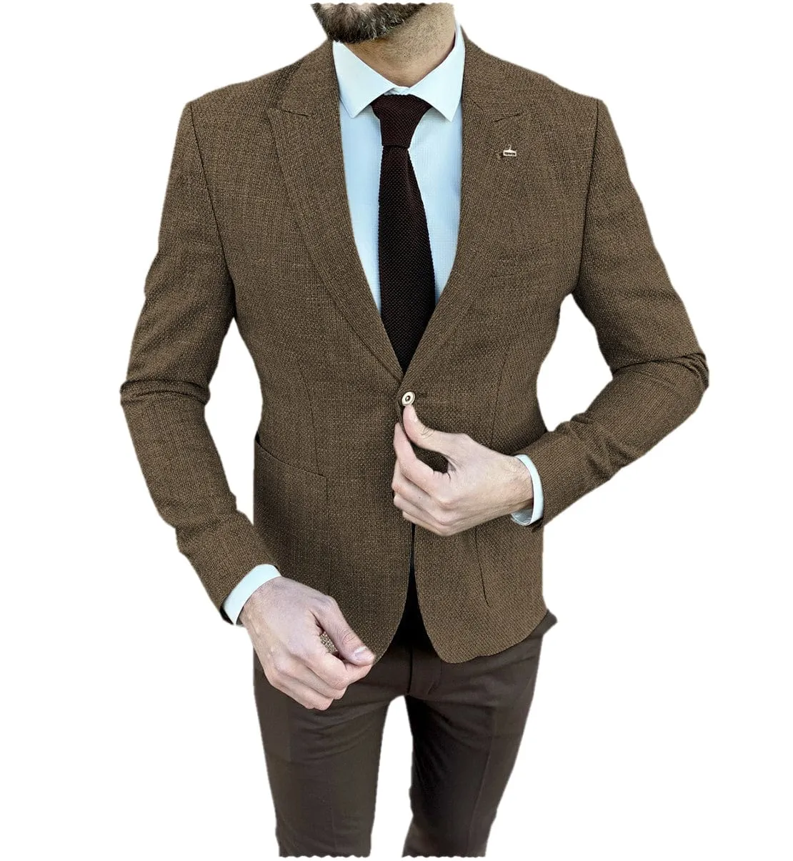 Classic Business Men's Tweed Peak Lapel  Suit Blazer