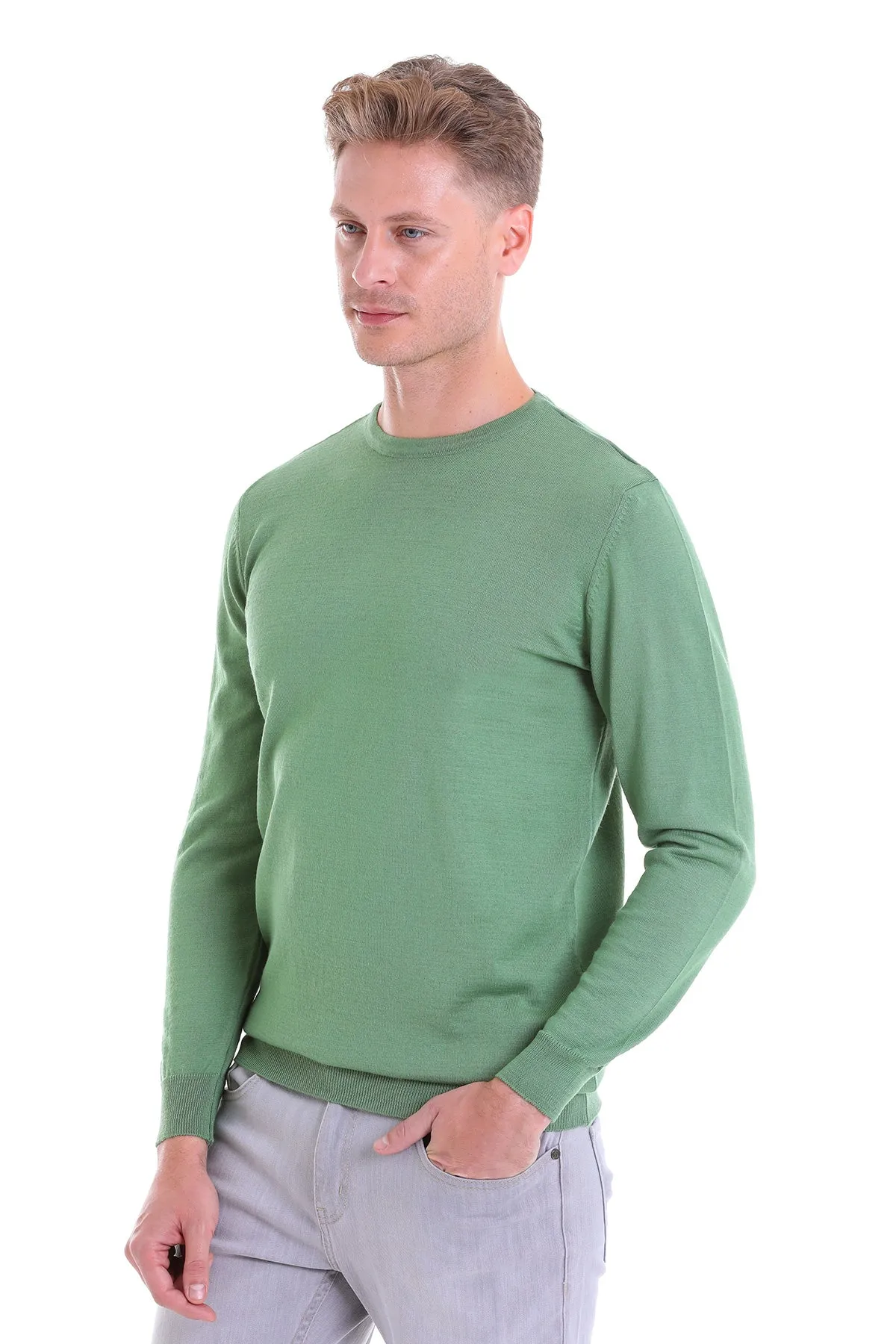 Comfort Fit Wool Blend Green Crewneck Sweater