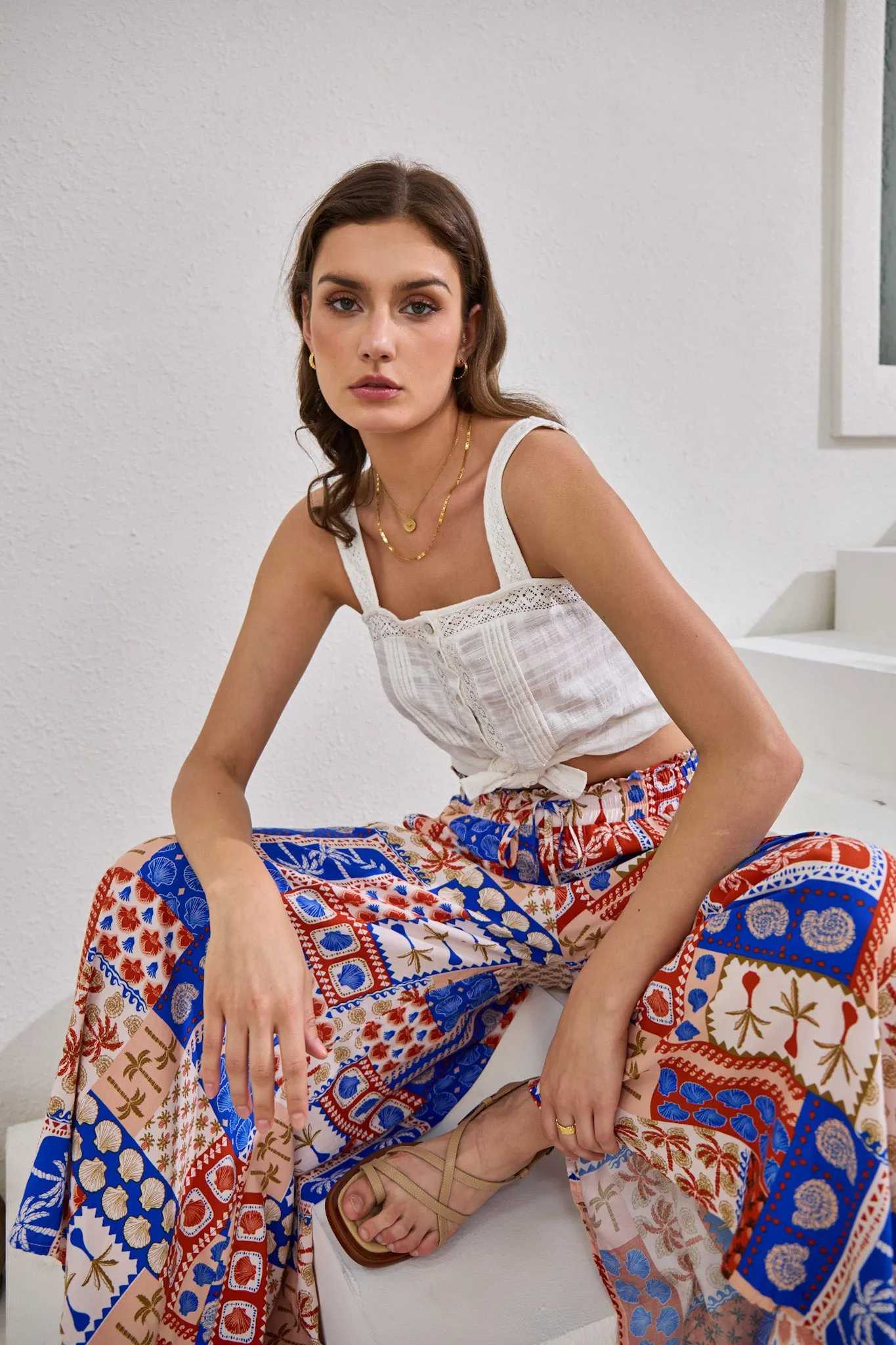 Cordelia Blue Abstract Patchwork Wide Leg Cropped Pants