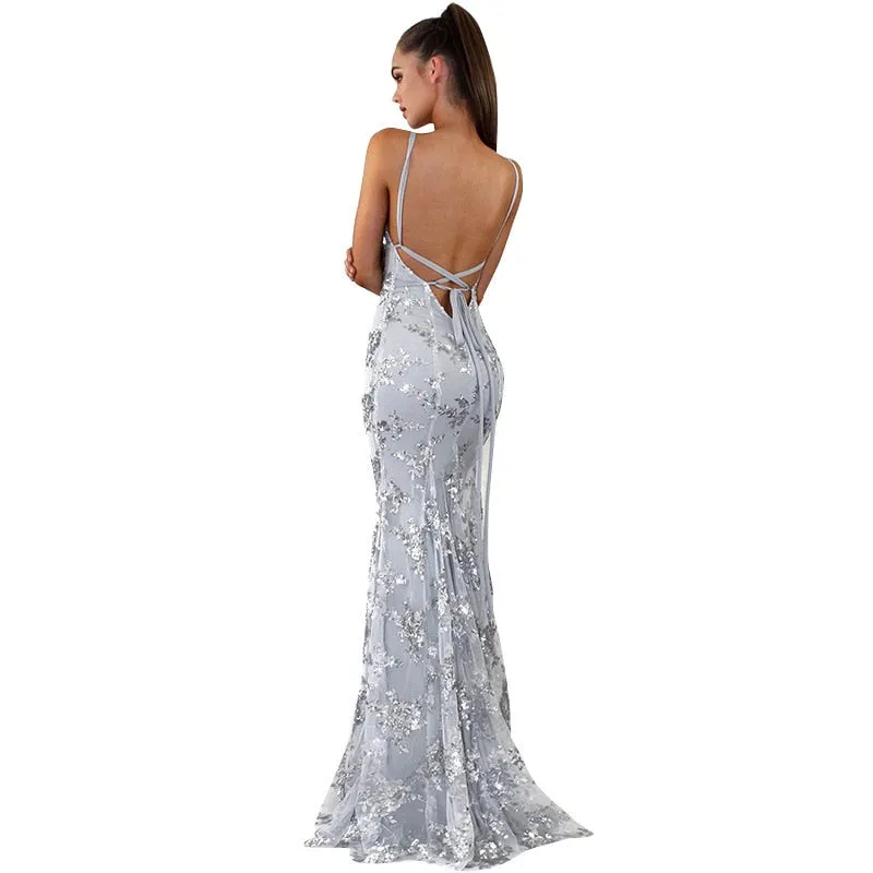 Cosy Dress Latest Party Cocktai Prom V-Neck Backless Spaghetti Strap Sleeveless Sequined Wedding Maxi Formal