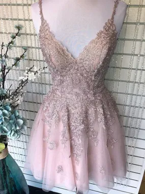 Cute A Line V Neck Backless Short Pink Lace Prom, Backless Pink Lace Formal Graduation Homecoming