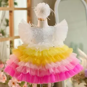 Dreamy Rainbow Princess Dress Colorful Puff Dress for Girls Playful Layered Tulle Dress