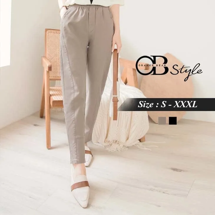 ELASTIC WAIST POCKET STRAIGHT COTTON PANTS