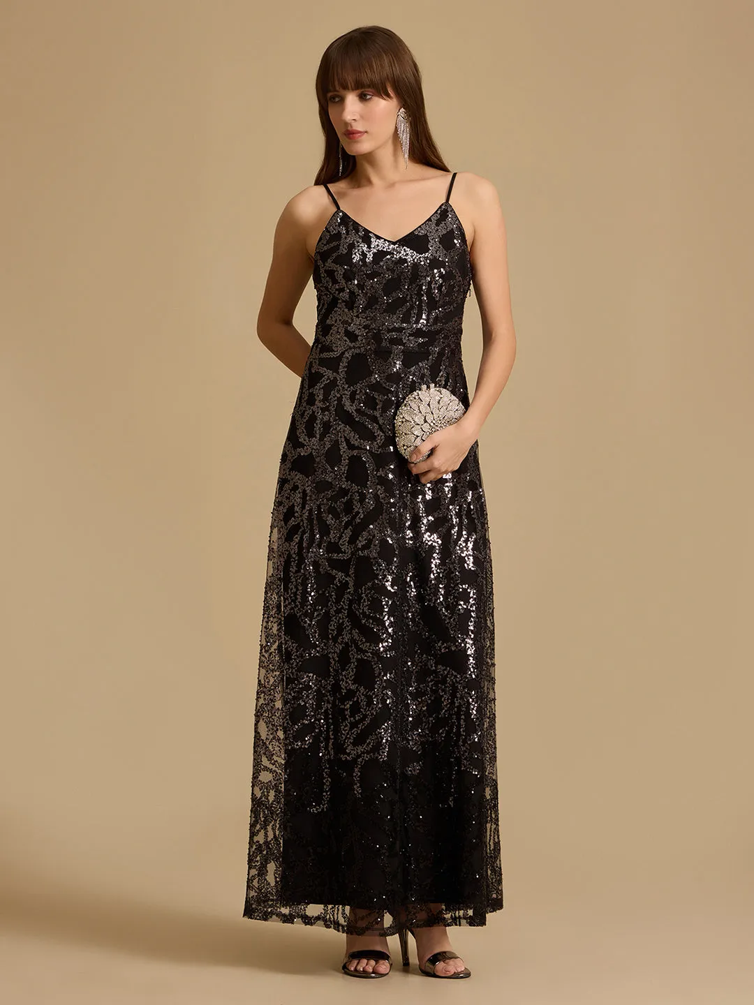 Elliot Noodle Strap Sequin Maxi Dress