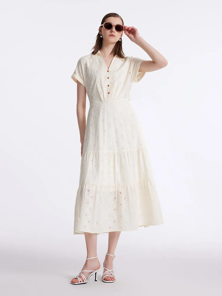 Embroidered V-Neck Lapel Women Maxi Dress