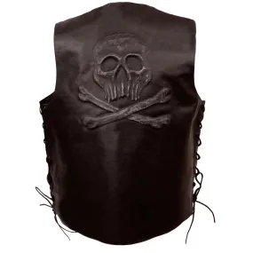 Event Leather ELM3915 Men's Brown Side Lace Motorcycle Leather Vest with Skull and Cross Bones Emboss