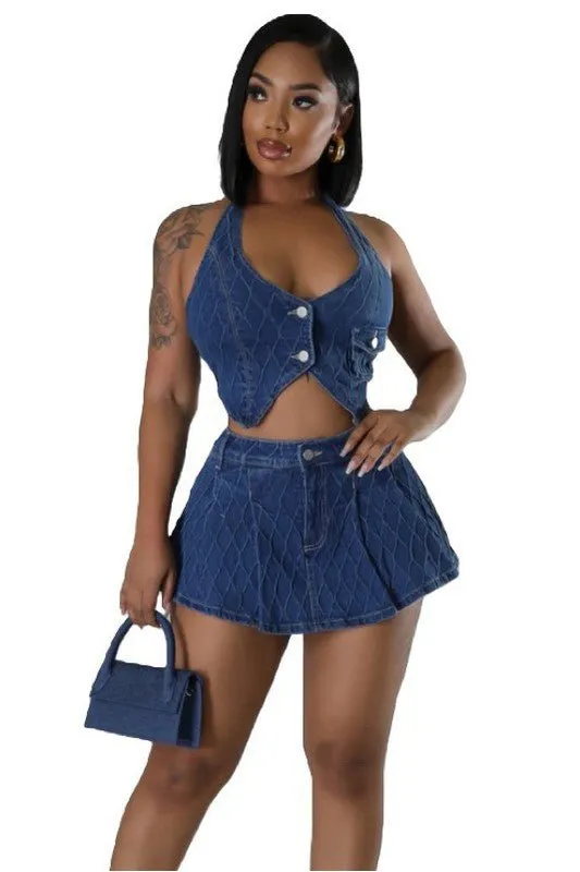 FASHION DENIM TWO PIECE SKORT SET