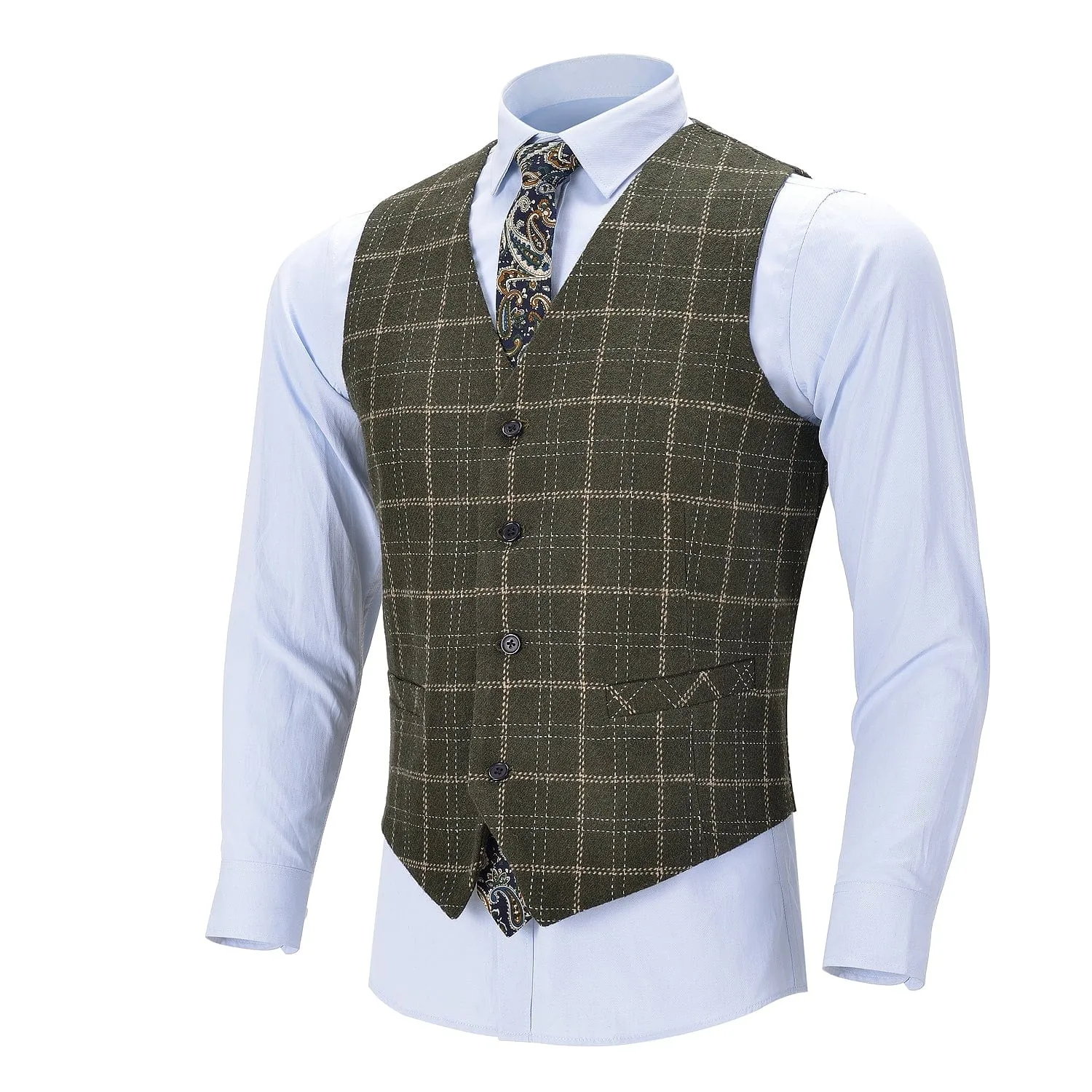 Formal Fashion Men's Suit Vest Tweed Plaid V Neck Waistcoat