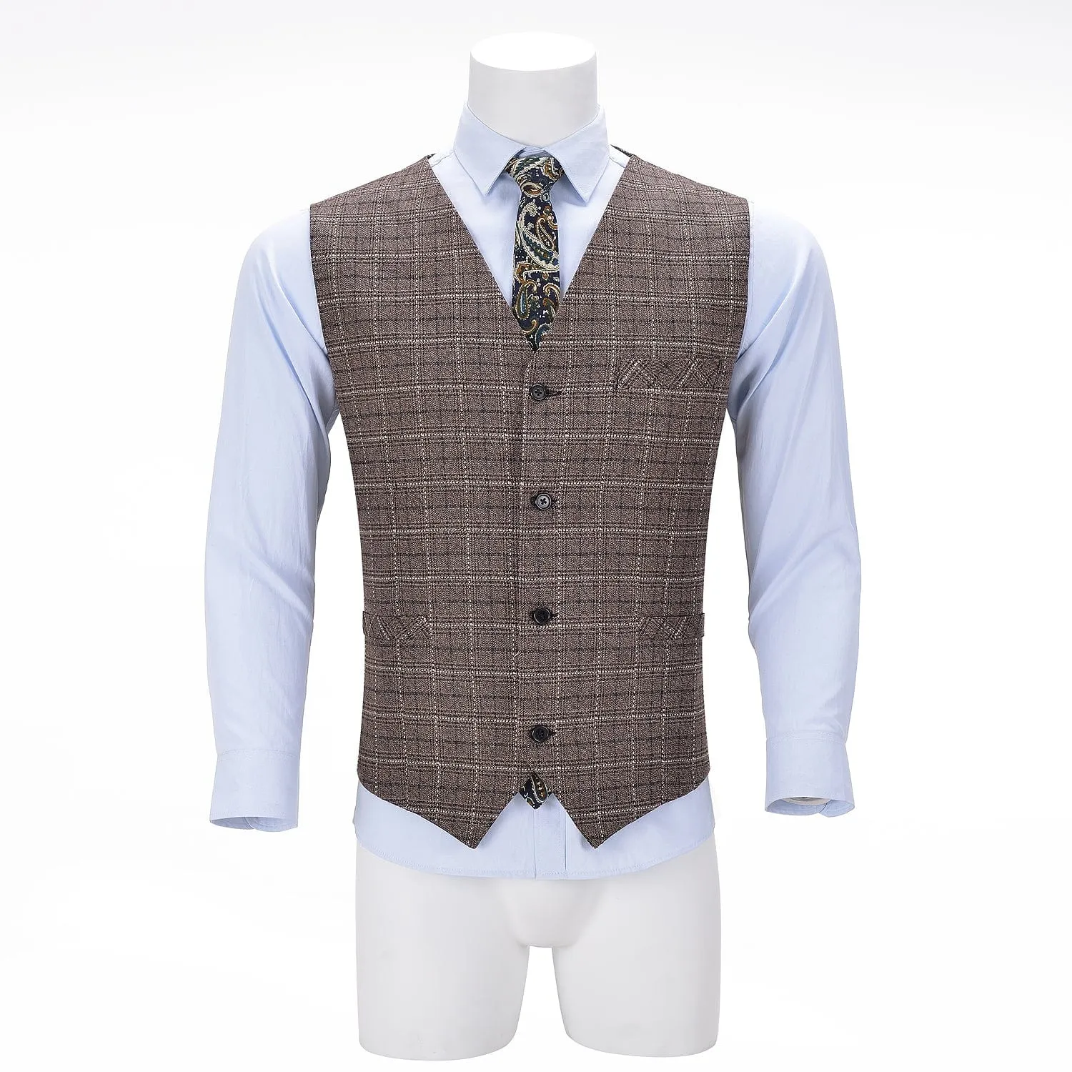 Formal Fashion Men's Suit Vest Tweed Plaid V Neck Waistcoat