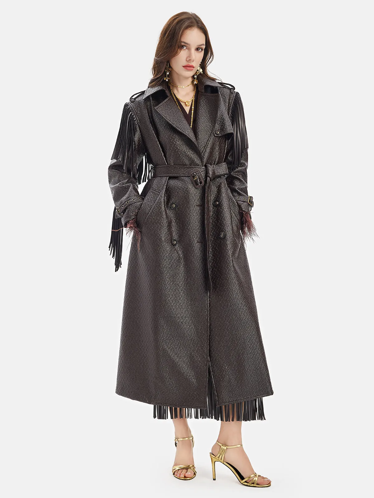 Fringe Double-Breasted Leather Trench