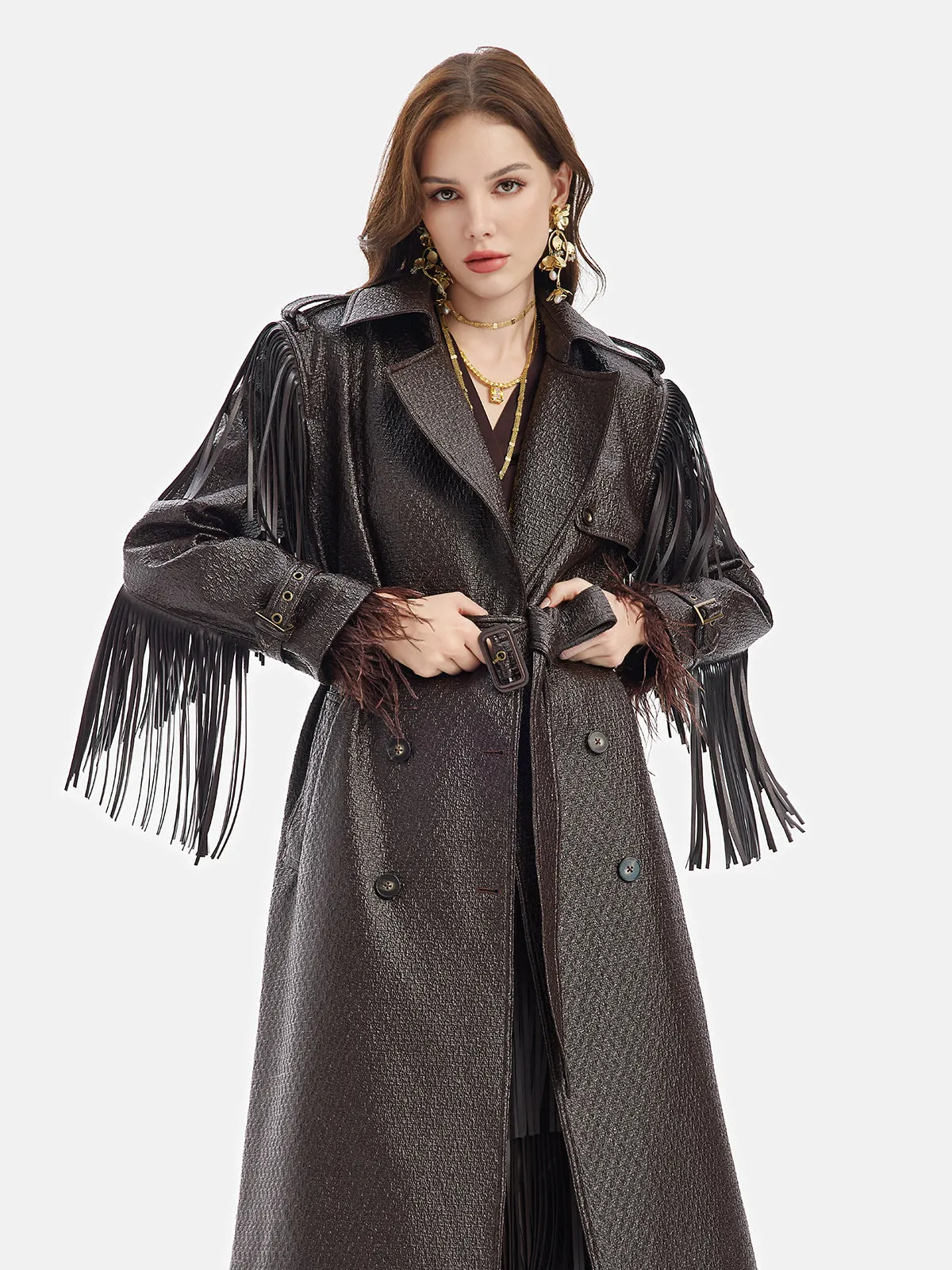 Fringe Double-Breasted Leather Trench