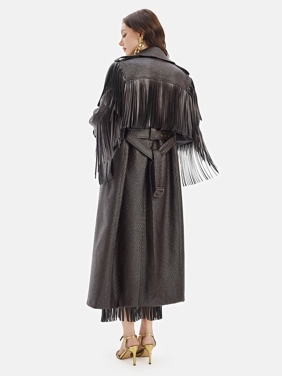 Fringe Double-Breasted Leather Trench