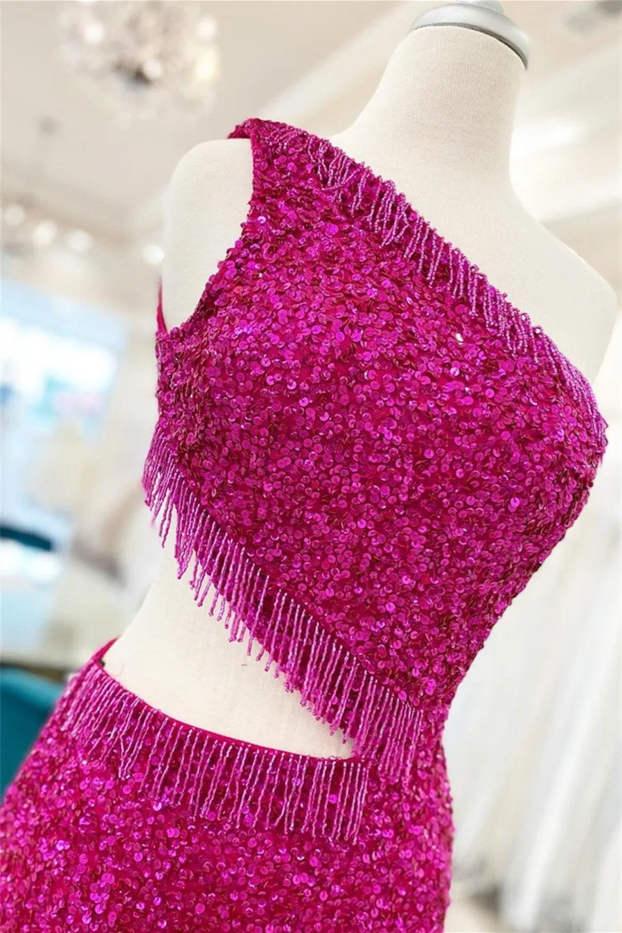 Fuchsia One Shoulder Homecoming Dress Lace-Up Sequins Homecoming Dresses with Tassels