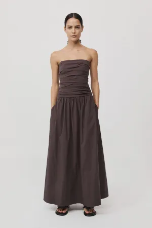 GATHERED STRAPLESS TIE BACK DRESS CHOCOLATE