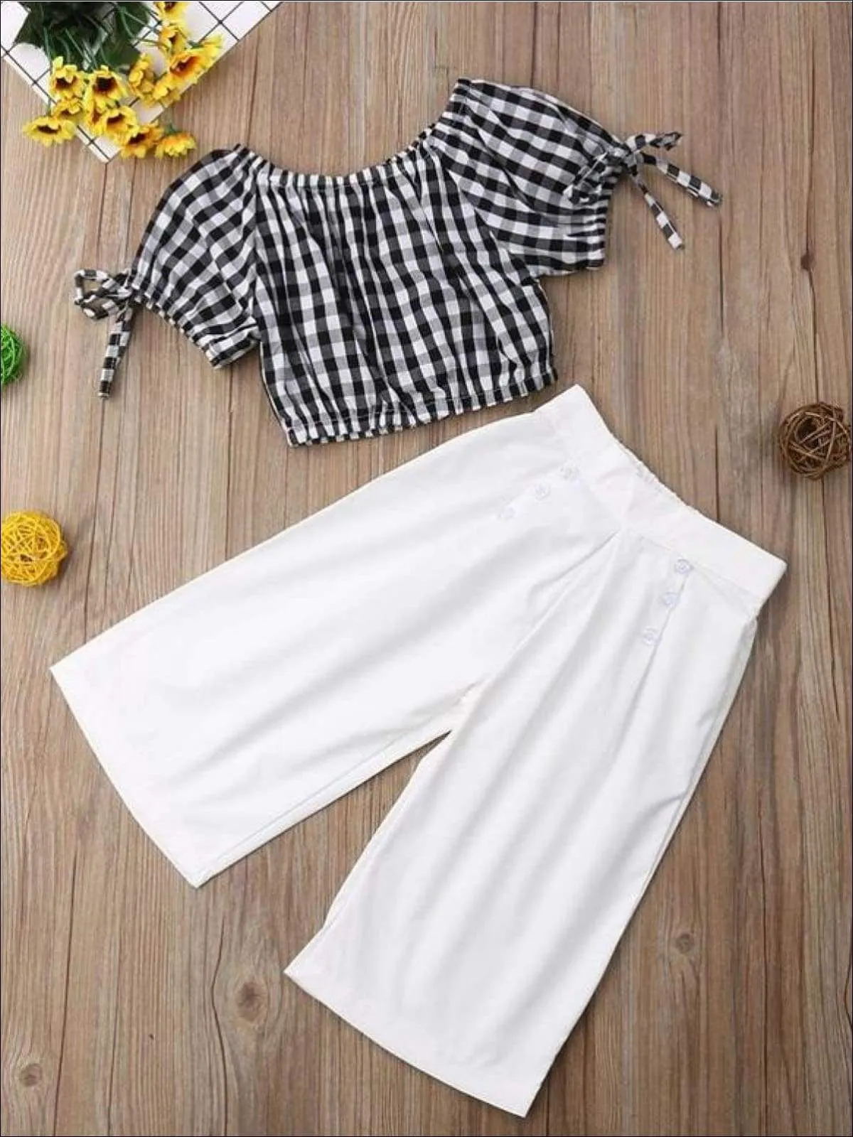 Girls Checkered Top With Bows & Palazzo Button Pants Set