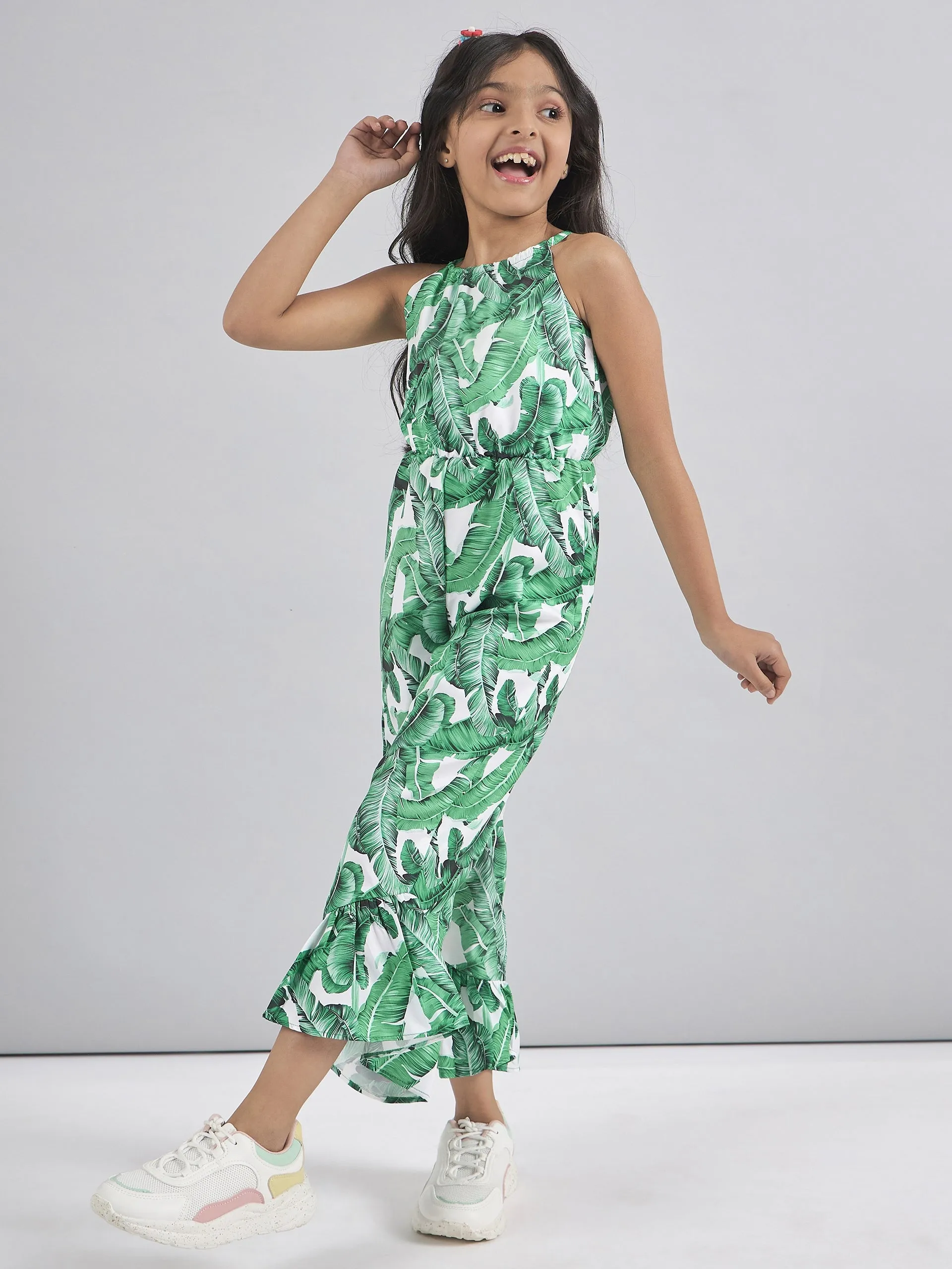 Girls Halter Neck Printed Silk Basic Jumpsuit - PS Peaches