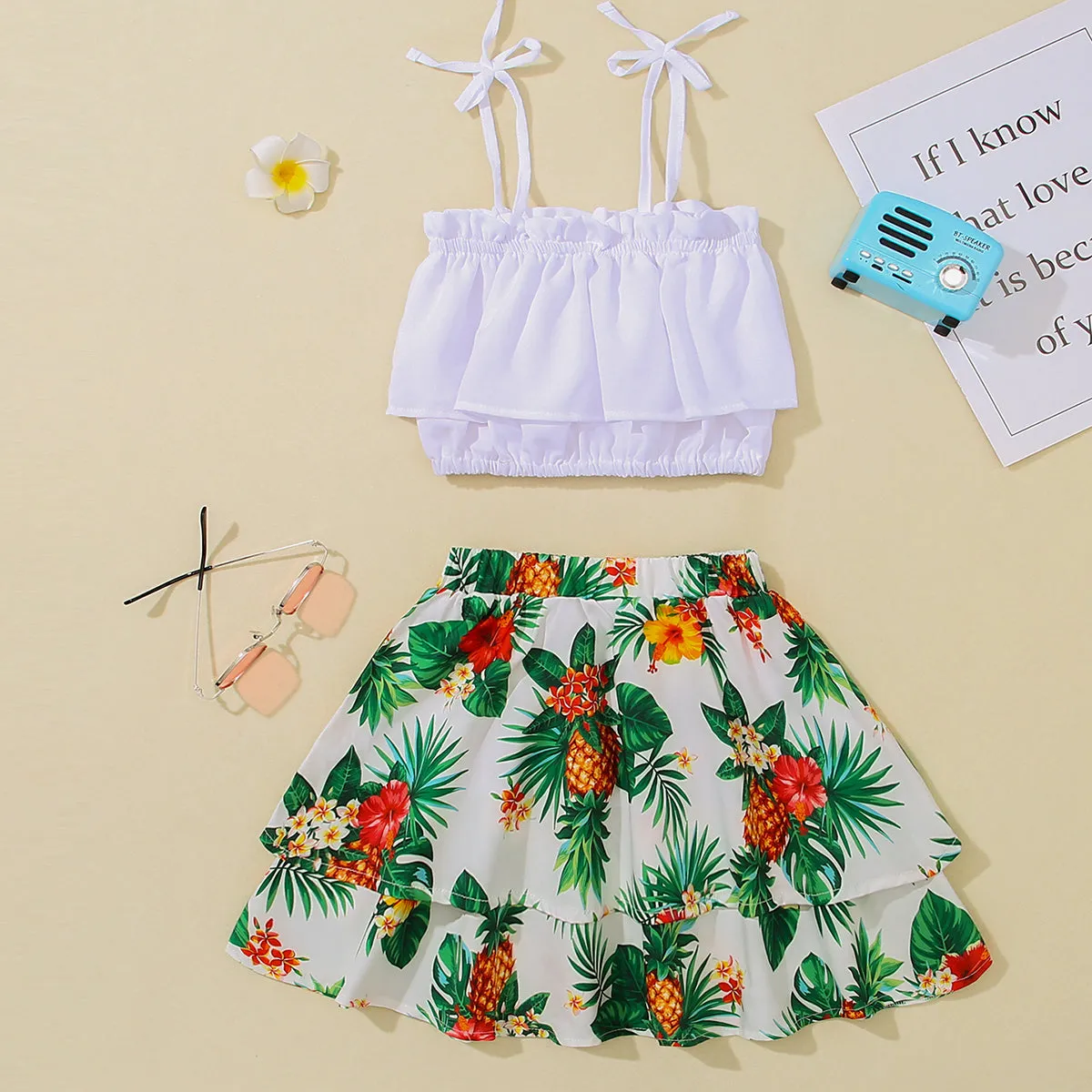 Girls Layered Cami and Pineapple Print Skirt Set