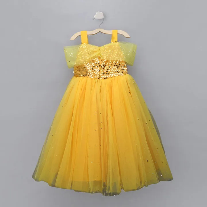 Girls Yellow Golden Sequined Fit And Flare Maxi Dress