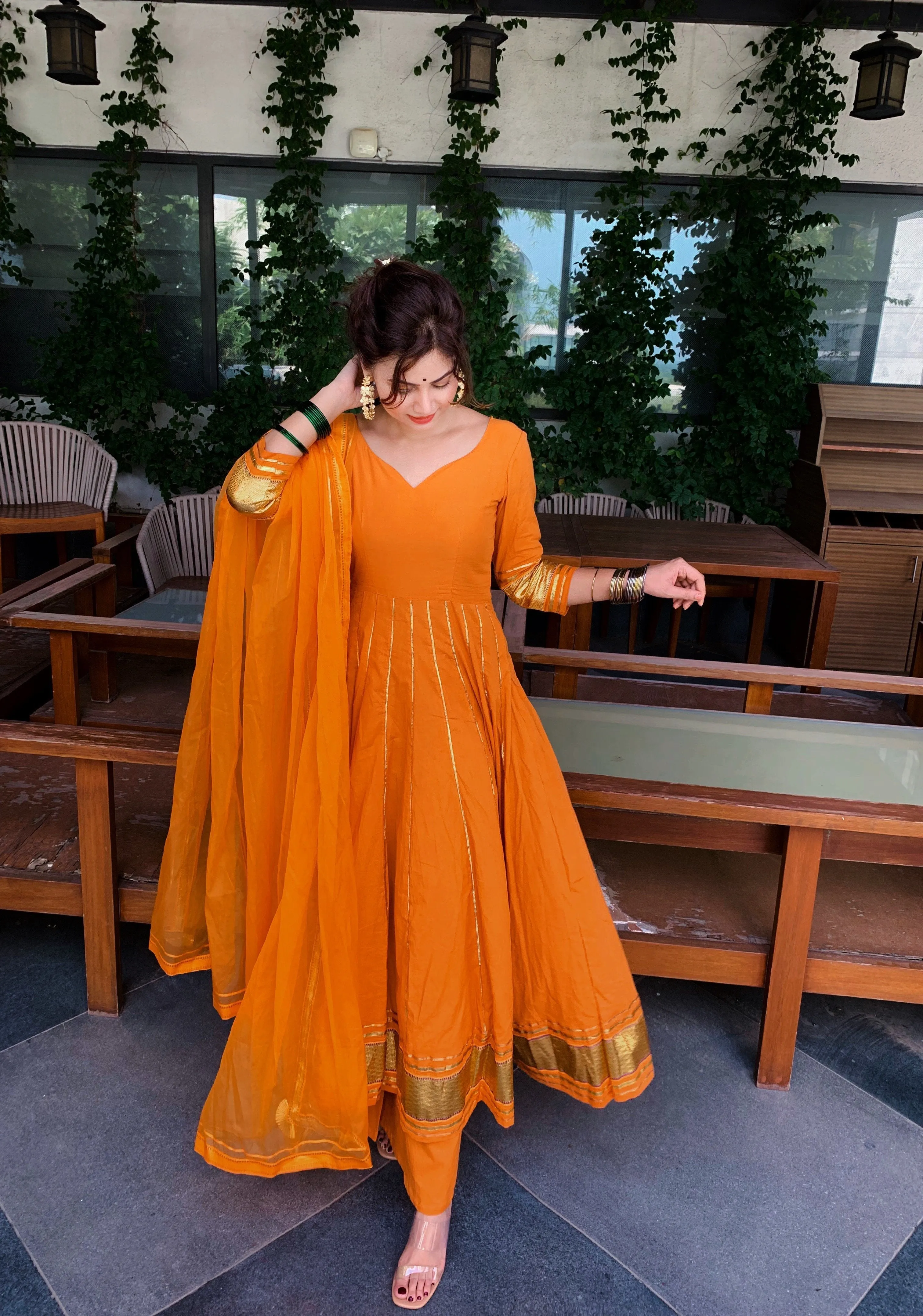 Golden Orange Gotapatti Anarkali Set | Relove